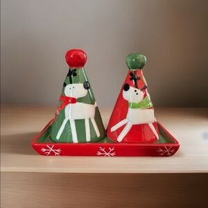 CHRISTMAS Tree and Reindeer SALT & PEPPER SHAKERS and TRAY Bella Casa By Ganz